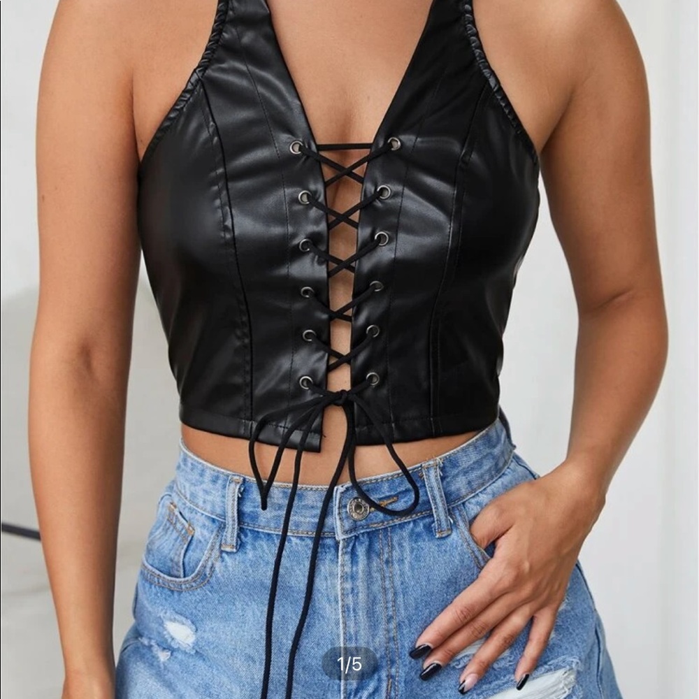 Lace up faux leather halter top